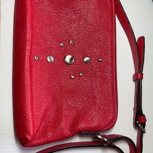 ELLINGTON Red Crossbody leather bag. Zipper pocket inside w/card slots. Studs